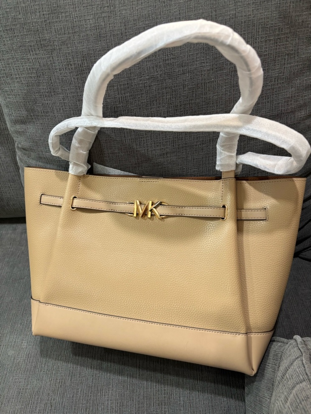 Michael Kors Large Belted Camel Leather Tote with Gold MK Accent